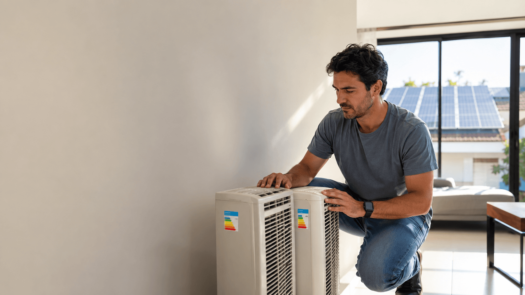 Consumidor compara etiquetas de eficiência energética em aparelhos, com painéis solares ao fundo.