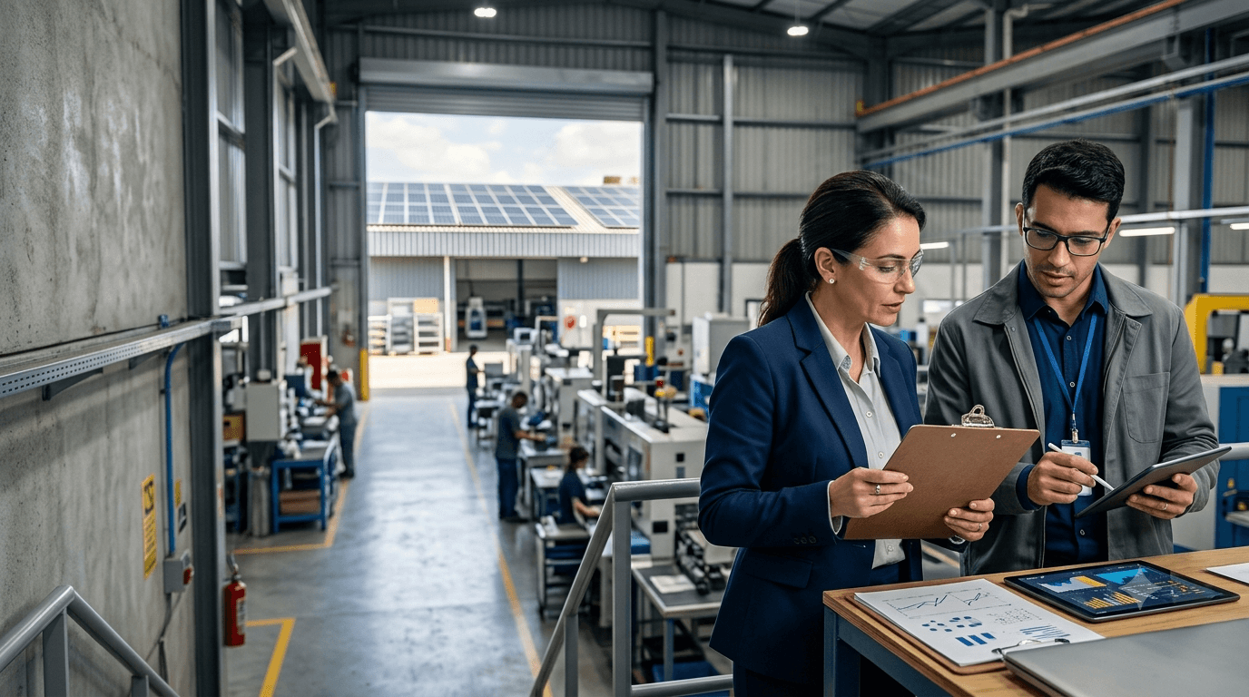 Gestora industrial e especialista analisam dados de energia dentro de uma fábrica com painéis solares ao fundo.