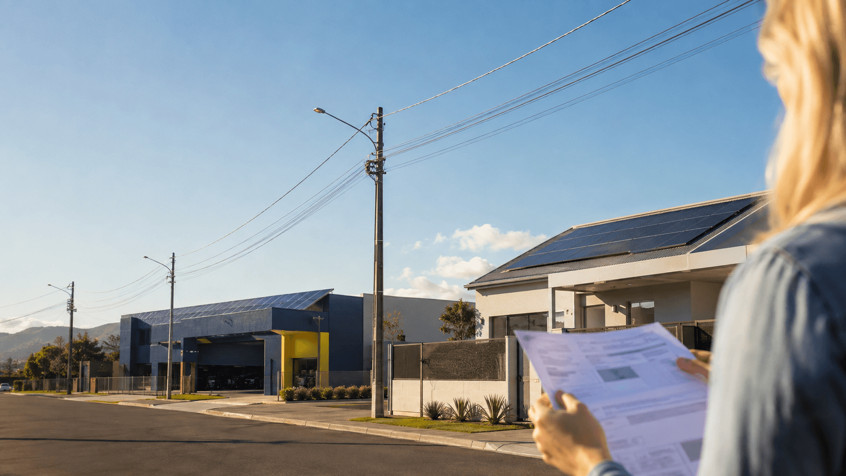 Consumidor analisa conta de energia diante de residência e empresa com painéis solares em Santa Catarina.