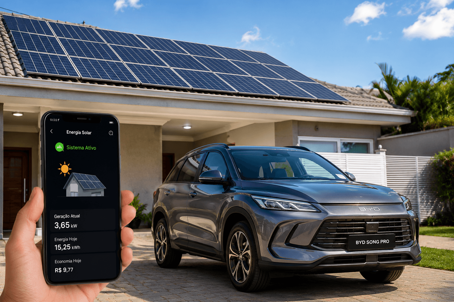 carro em frente a casa com energia solar