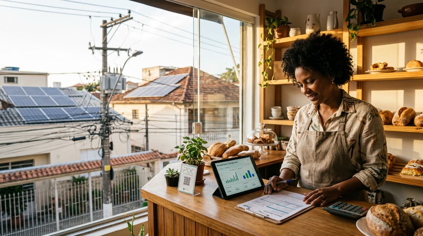 Proprietária de pequeno comércio analisa conta de energia e tablet, com rede elétrica urbana e painéis solares ao fundo.