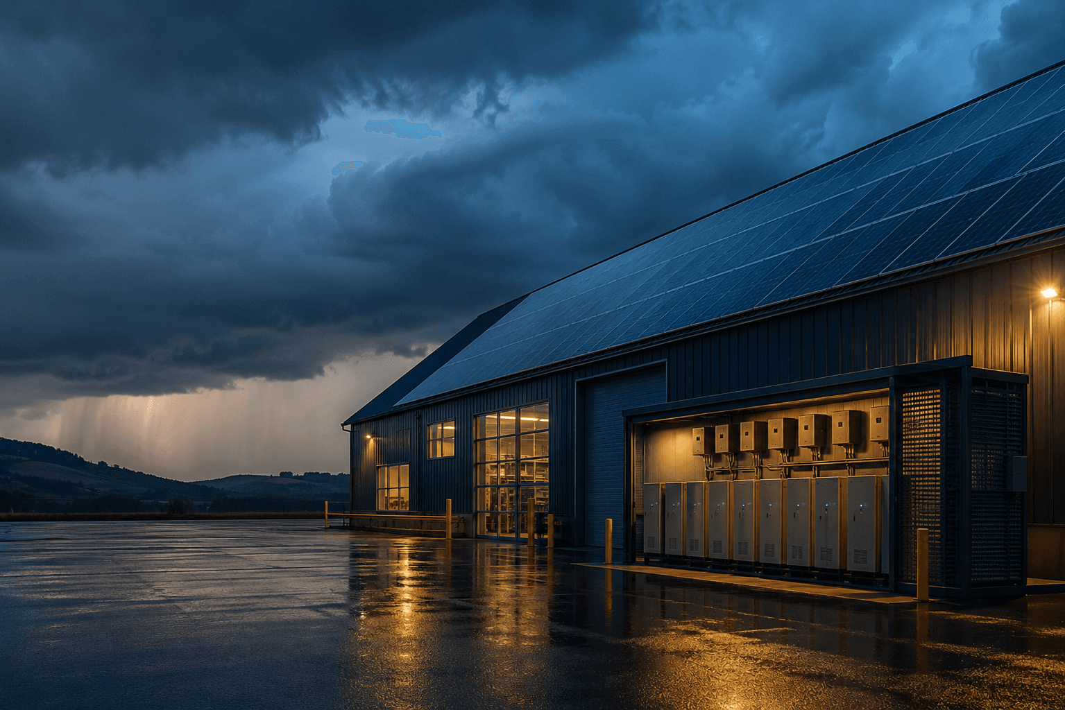 Empresa com painéis solares e sistema de baterias durante temporal no Sul do Brasil.